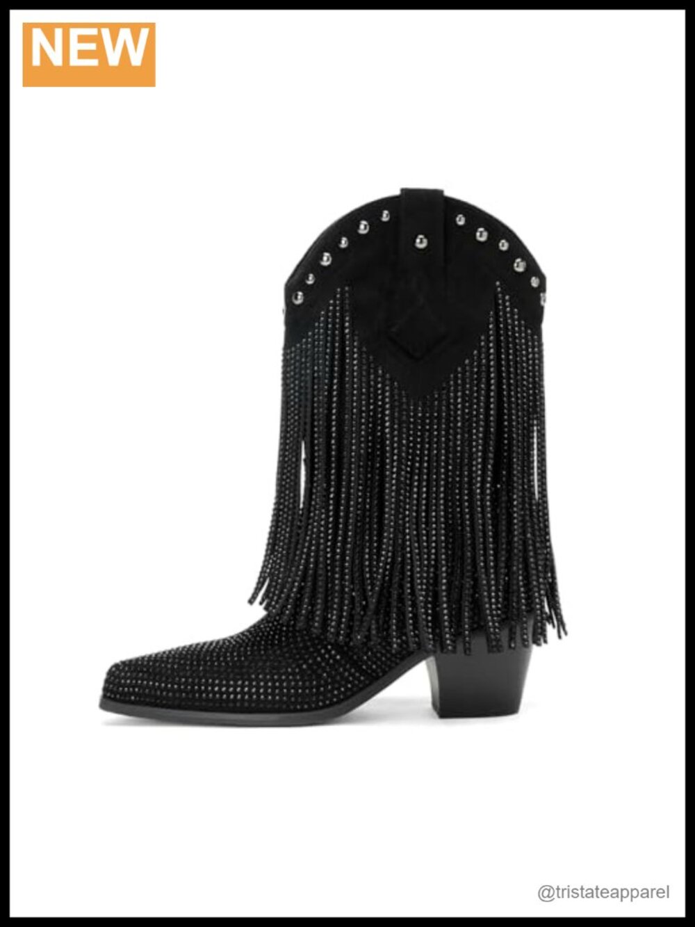 Rhinestone Fringe Cowgirl Ankle Boots, Western Sparkly Chunky Heel Booties,